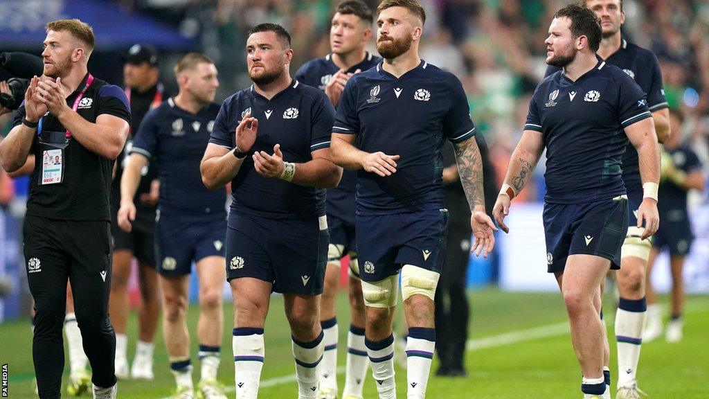 Scotland players applaud the fans after the Rugby World Cup 2023, Pool B match at Stade de France in Paris, France.