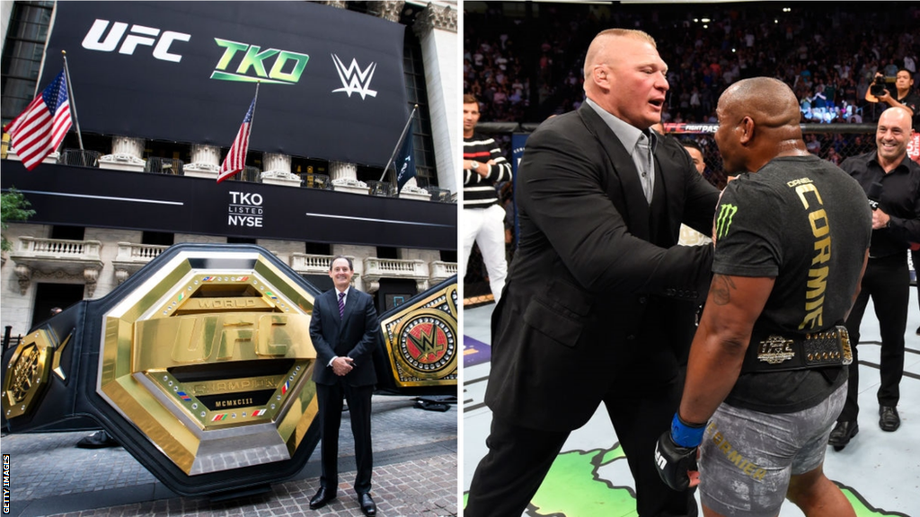 Lawrence Epstein (L) beside a picture of Brock Lesnar shoving Daniel Cormier