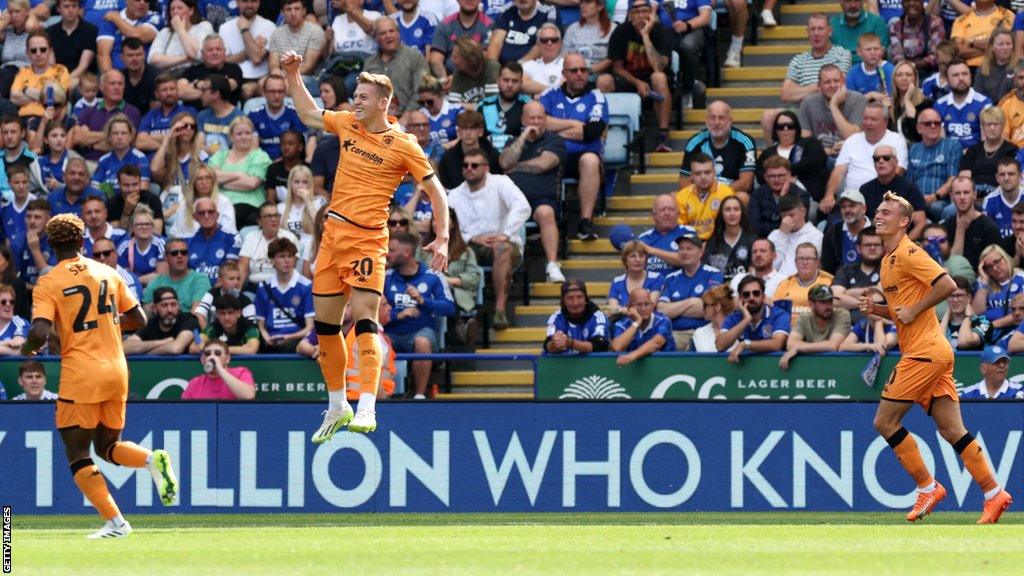 Hull City striker Liam Delap (second left) celebrates taking the lead during their Championship match at Leicester City