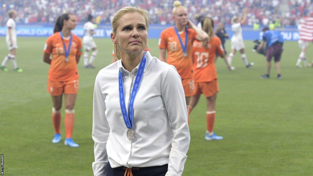 Sarina Wiegman on the pitch after 2019 World Cup final