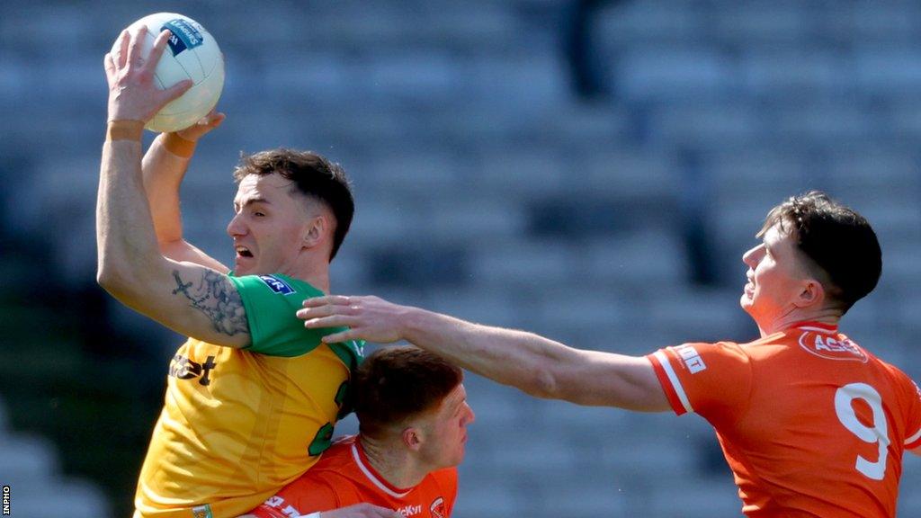 Donegal's Jason McGee beats Ciaran Macklin and Ben Crealey to the high ball