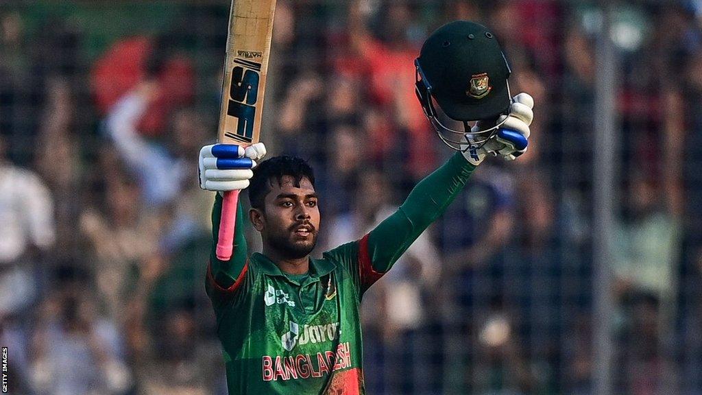 Mehidy Hasan Miraz celebrates his maiden ODI century