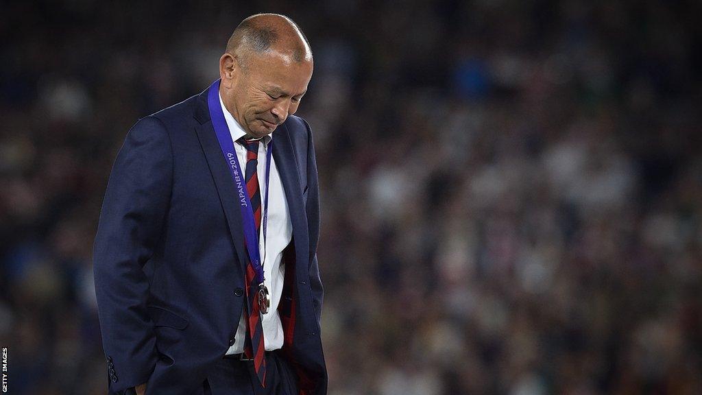 Eddie Jones looks dejected his England side lose the 2019 Rugby World Cup