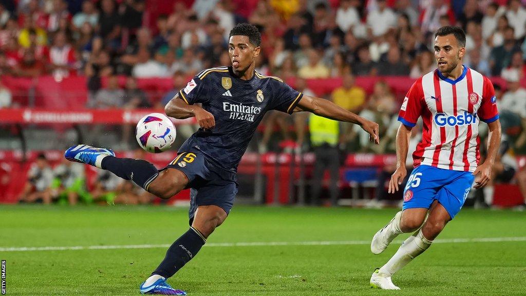 Jude Bellingham scores Real Madrid's third in their game against Girona in La Liga