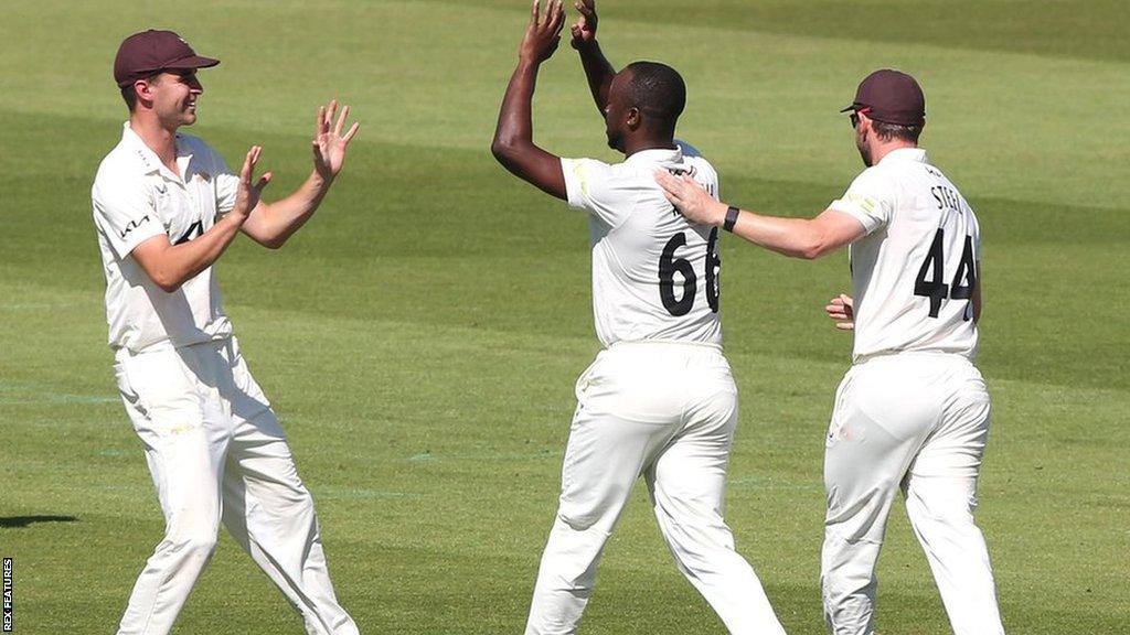 Kemar Roach's four wickets - two of them in successive balls - helped take his Surrey tally to 23 for the season in six games