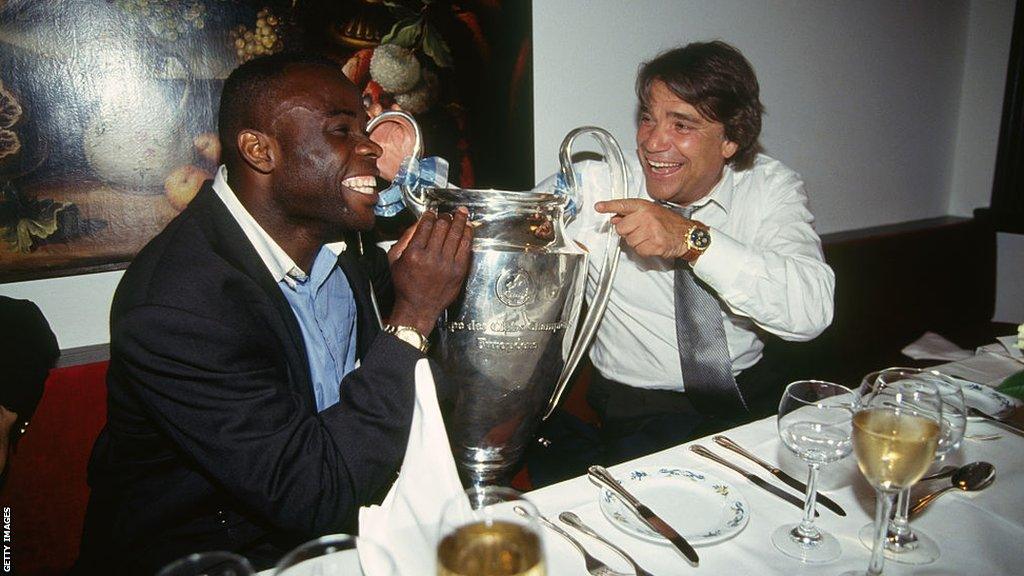 Basile Boli, who scored the winner in the 1993 Champions League final, celebrates with Marseille owner Bernard Tapie