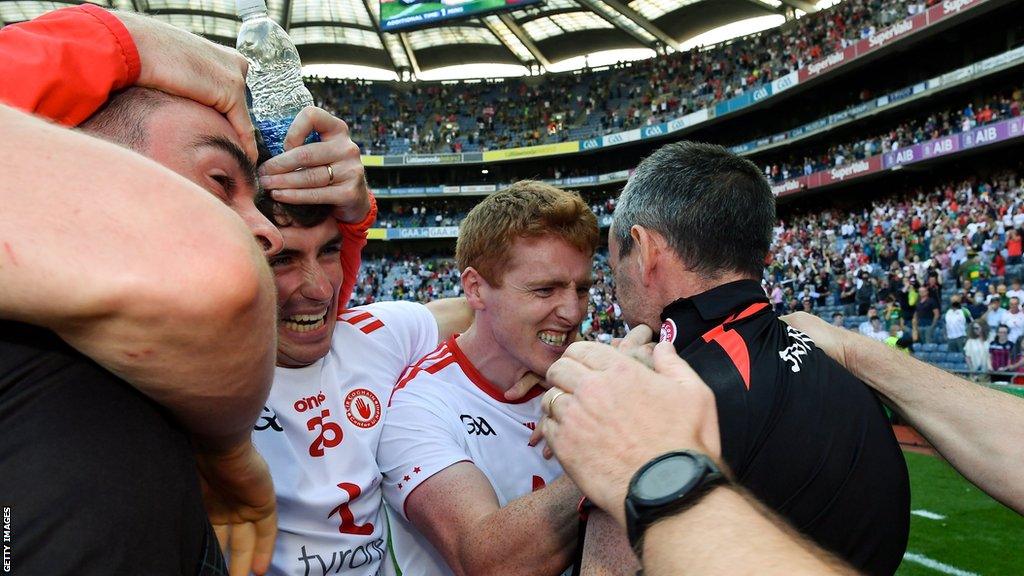 Peter Harte and Brian Dooher celebrate Tyrone's 2021 win over Kerry