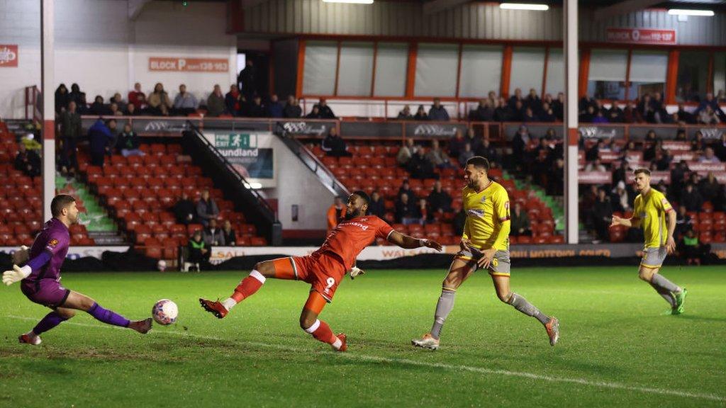 Jamille Matt scores his FA Cup second-round replay winner against Alfreton