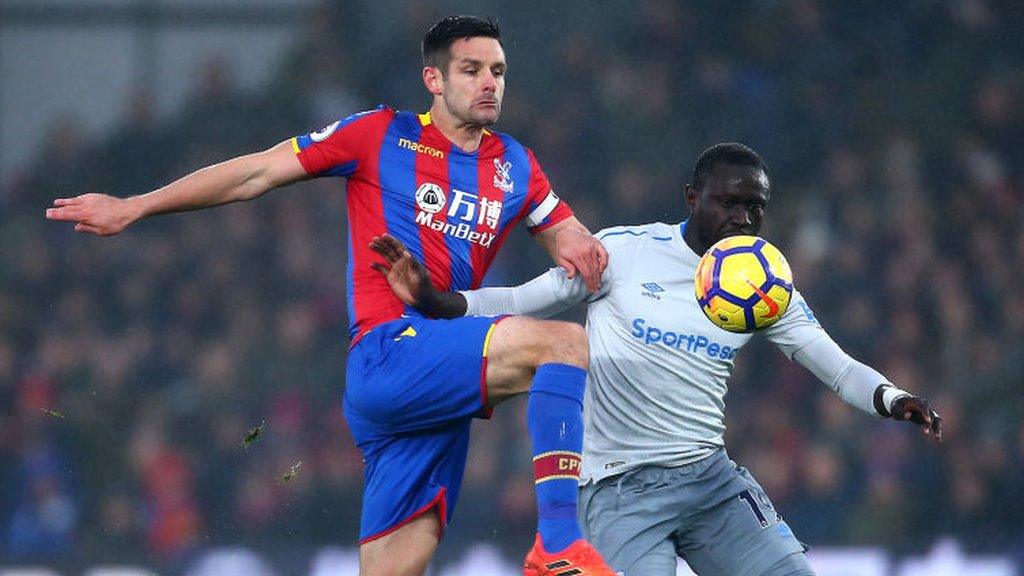 Crystal Palace's Scott Dann and Everton's Oumar Niasse compete for the ball.