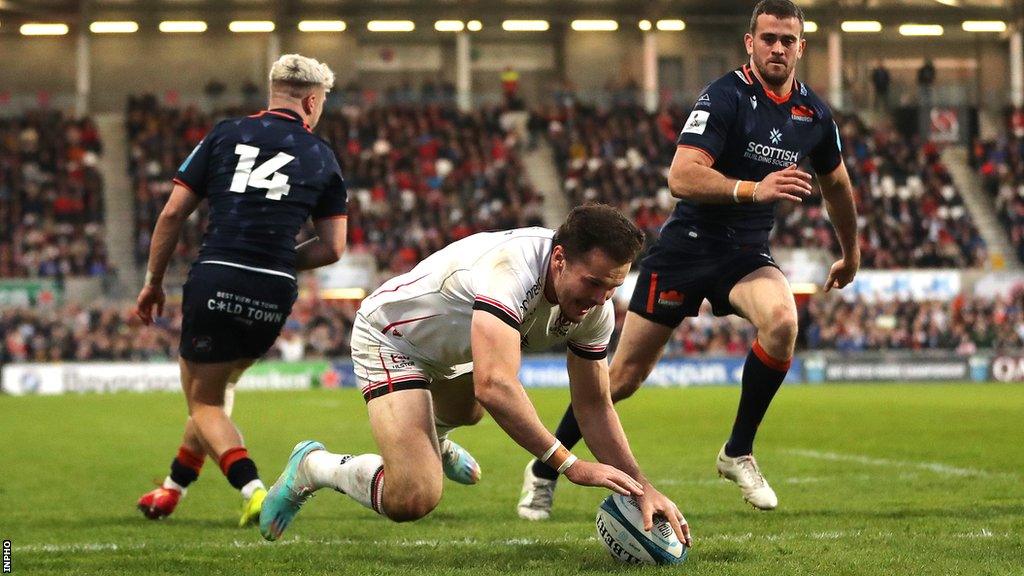 Ulster wing Jacob Stockdale touches down for a try against Edinburgh in Belfast