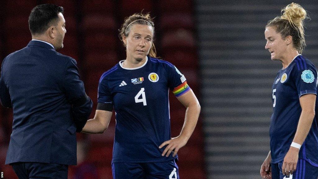 Scotland head coach Pedro Martinez Losa, Rachel Corsie and Sophie Howard