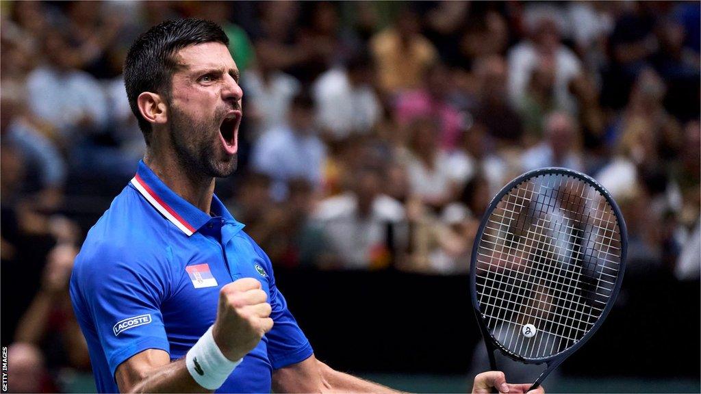 Novak Djokovic celebrates for Serbia at the Davis Cup