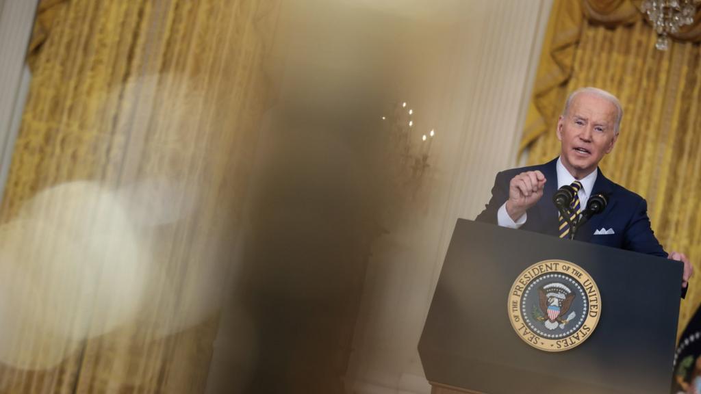 US President Joe Biden speaks during a press conference in the East Room of the White House, in Washington, DC, USA, 19 January 2022.