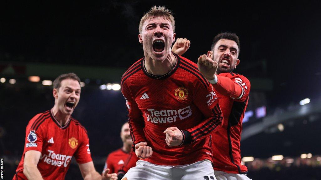 Rasmus Hojlund celebrates for Manchester United