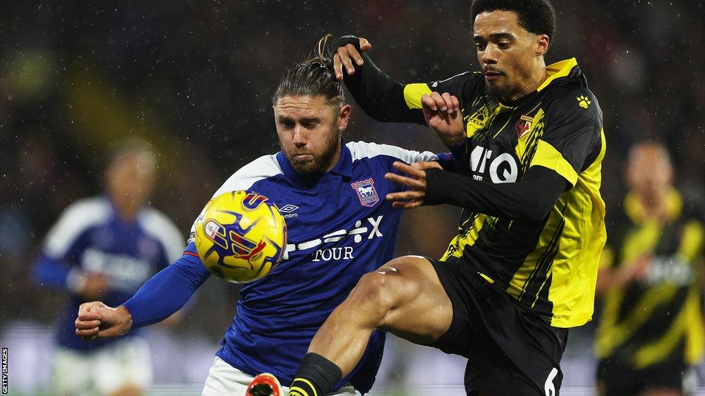 Jamal Lewis puts in a challenge during a game between Watford and Ipswich Town