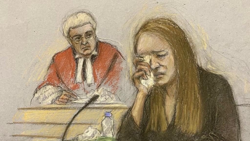 Court artist sketch by Elizabeth Cook of Lucy Letby giving evidence in the dock at Manchester Crown Court