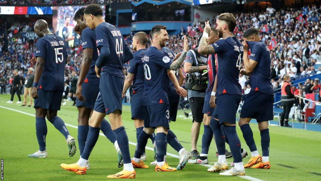 PSG players celebrate Sergio Ramos' goal