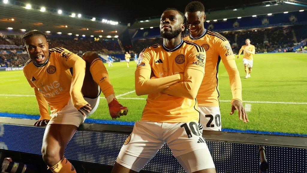 Stephy Mavididi celebrates the first of his two goals for Leicester