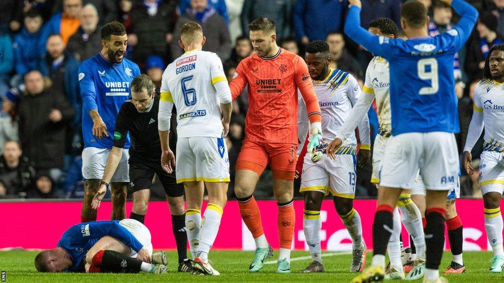 Rangers and St Johnstone players with referee Alan Muir