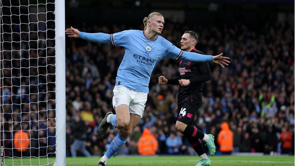 Manchester City striker Erling Haaland celebrates scoring against Burnley in the FA Cup