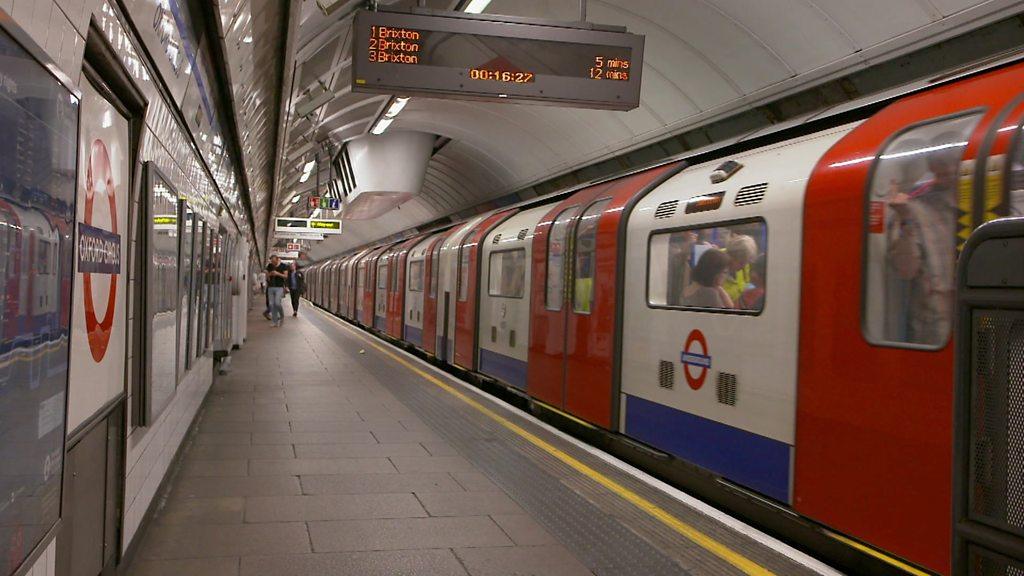 An underground train at Oxford Station in London