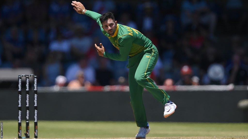 Keshav Maharaj bowling for South Africa