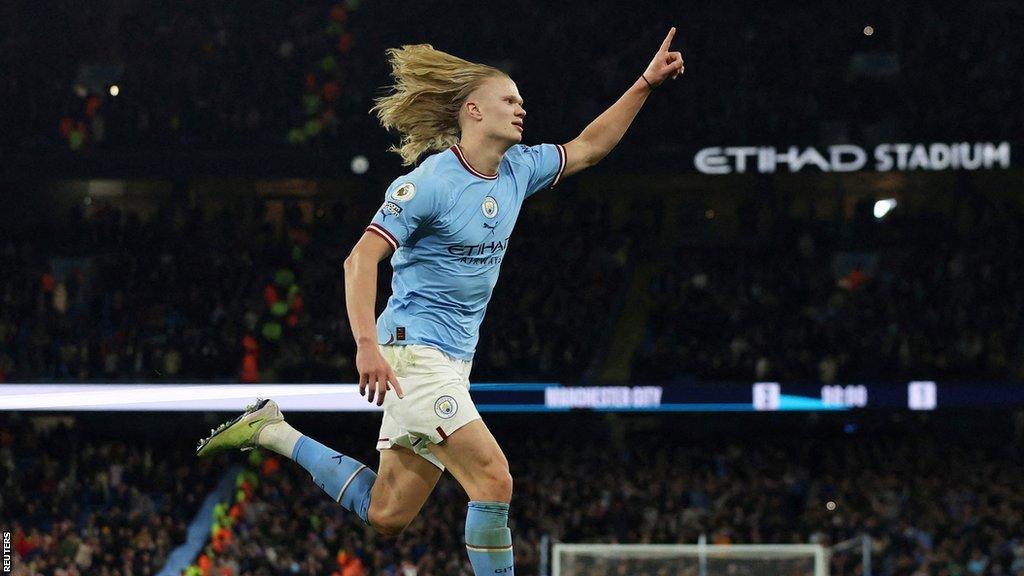 Erling Haaland celebrates scoring for Manchester City against Arsenal in the Premier League