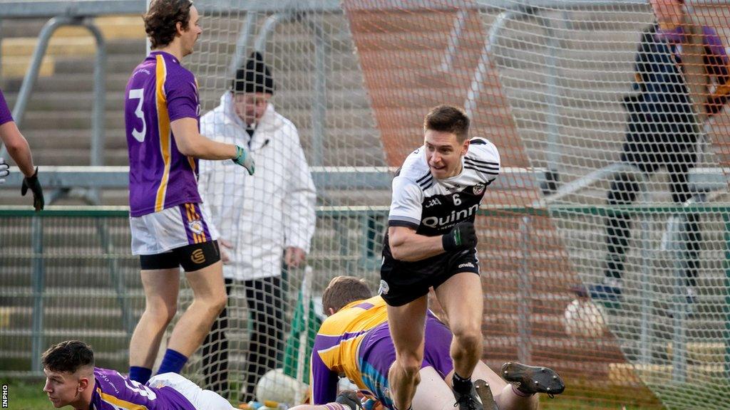 Aaron Branagan celebrates after scoring Kilcoo's goal in their narrow 2019 provincial semi-final win over Derrygonnelly