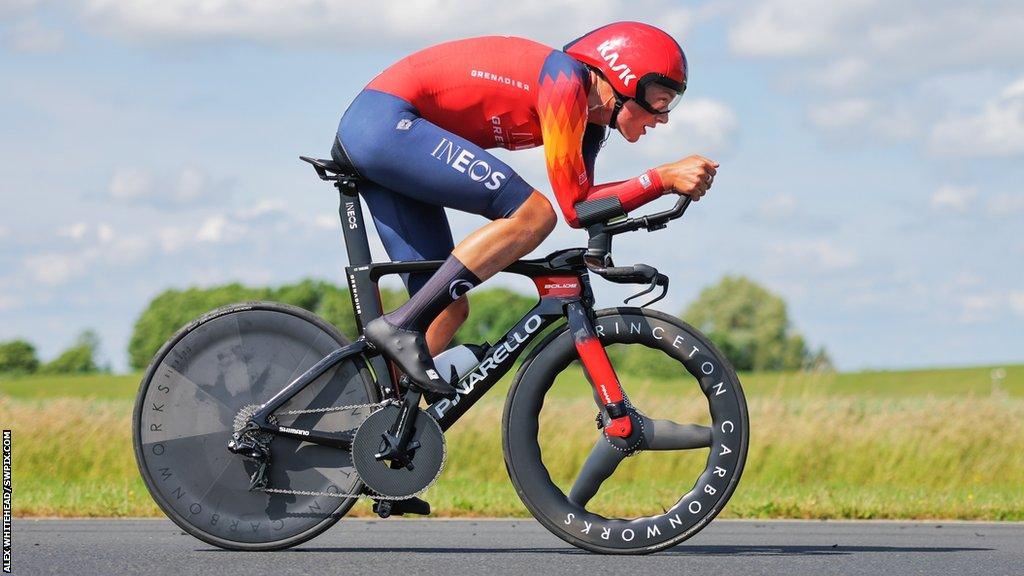 Josh Tarling riding in the elite men's time trial at the British National Road Championships