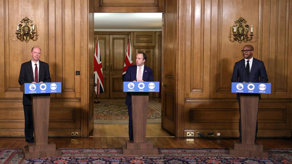 Health Secretary Matt Hancock gives briefing with Professor Chris Whitty and Professor Kevin Fenton.