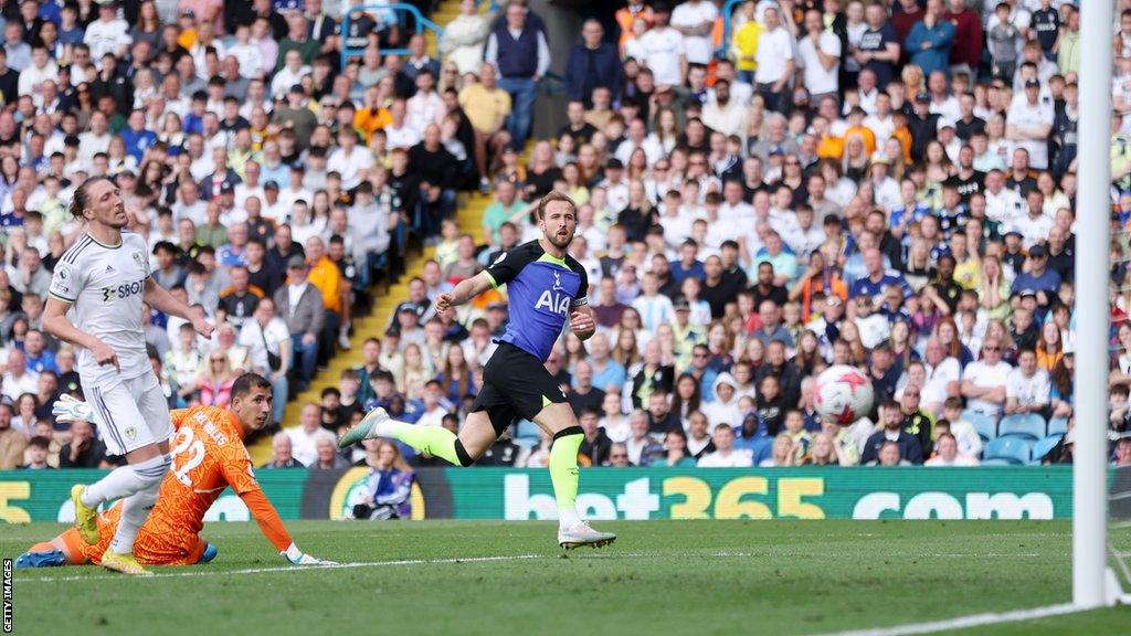 Harry Kane scores for Tottenham at Leeds on the final day of the 2022-23 season