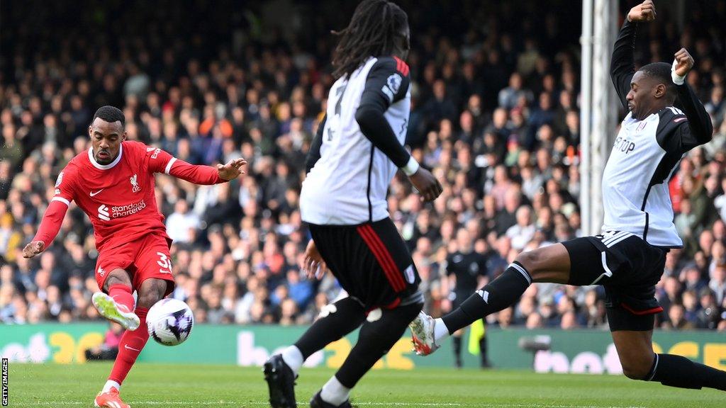 Ryan Gravenberch had scored three times in cup competitions since joining Liverpool last summer but his effort at Craven Cottage was his first goal in the Premier League