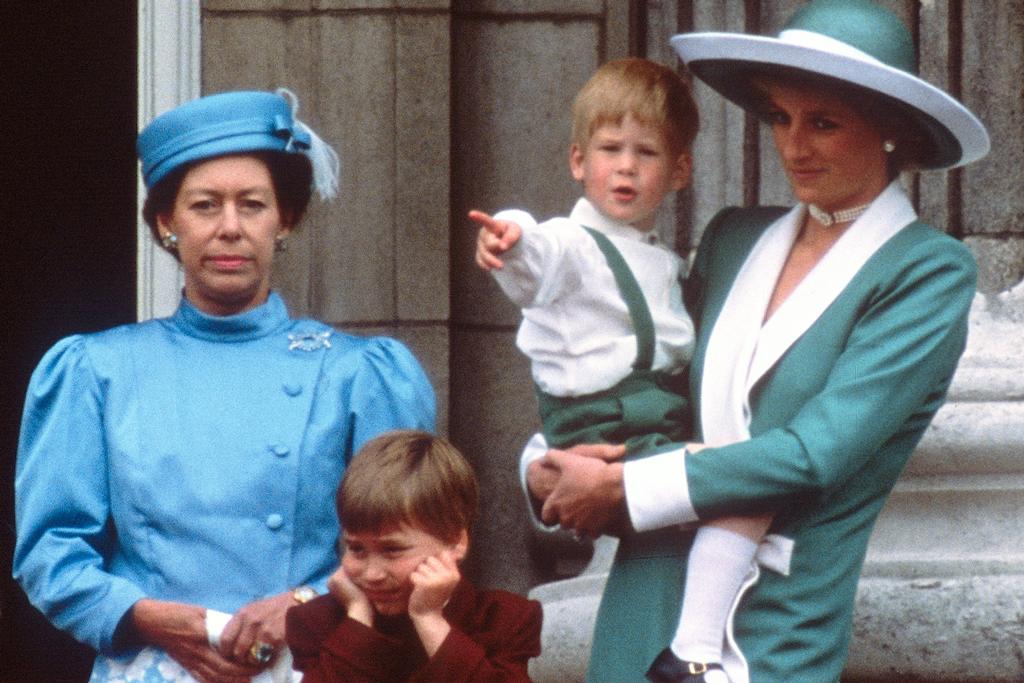 Princess Margaret with Diana Princess of Wales, and princes William and Harry, after the Trooping the Colour ceremony in June 1988