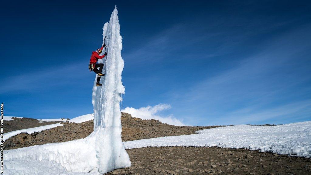 Will Gadd climbs on the Furtwangler Glacier on Mt Kilimanjaro on 22 February, 2020 in Tanzania, Africa.