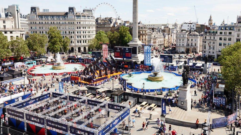 General view of the fan festival at Trafalgar Square during the MLB London Series in 2023