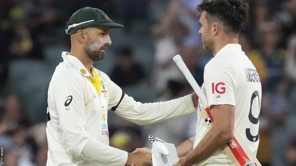 Nathan Lyon and James Anderson exchange a handshake after a Test match