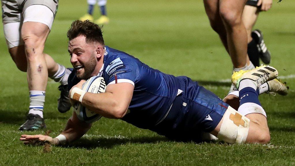 Sale's Sam Dugdale goes over for a try in the first half at AJ Bell Stadium