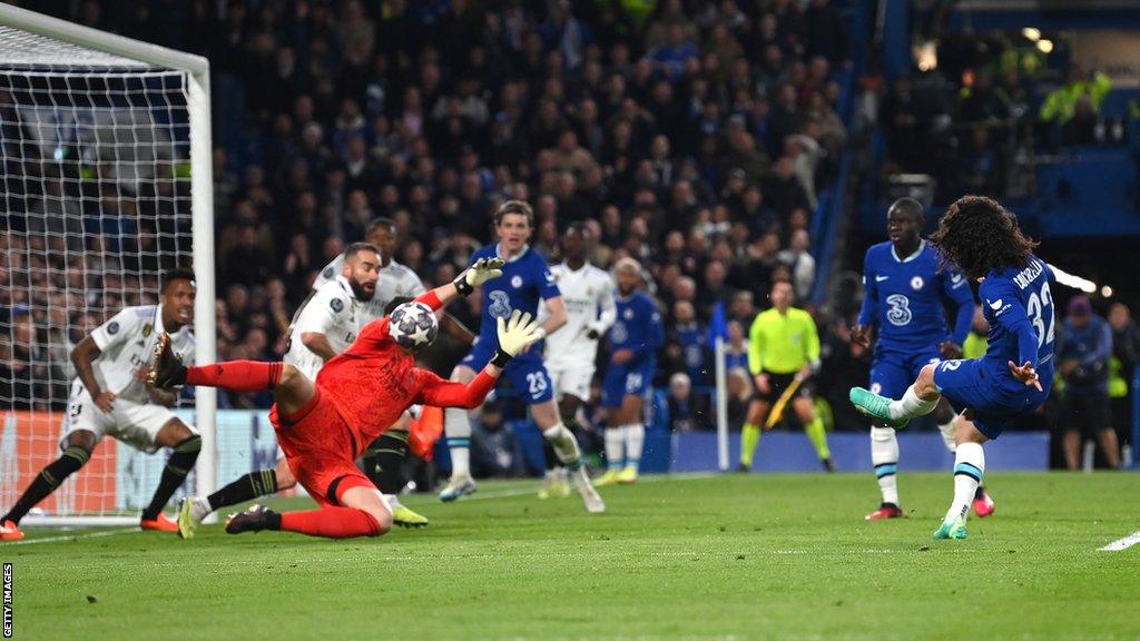 Thibaut Courtois produces a superb save to prevent Chelsea's Marc Cucurella scoring against Real Madrid