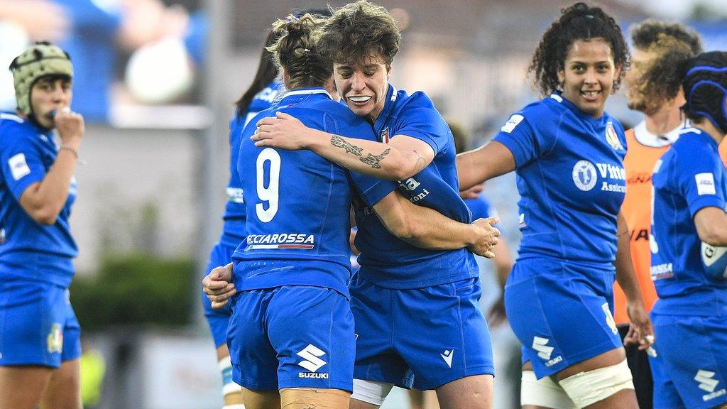 Italy celebrate after their first win of this Six Nations campaign