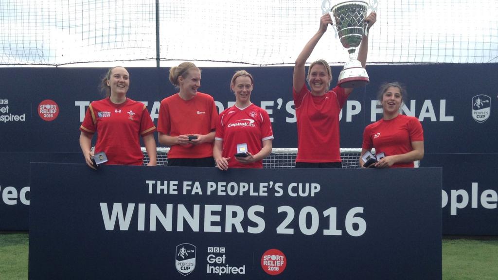A-Town ladies celebrate winning the Adult Women's category of the FA People's Cup