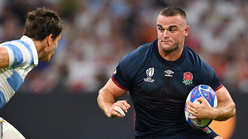 Ben Earl carries the ball into contact during England's Rugby World Cup Pool D game against Argentina