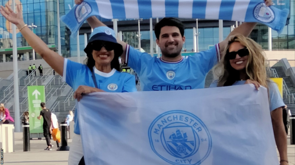 Manchester City fans Max Shaulis with his sister Alex (right) and mum Raju outside Wembley after their team's win over Manchester United in the FA Cup final