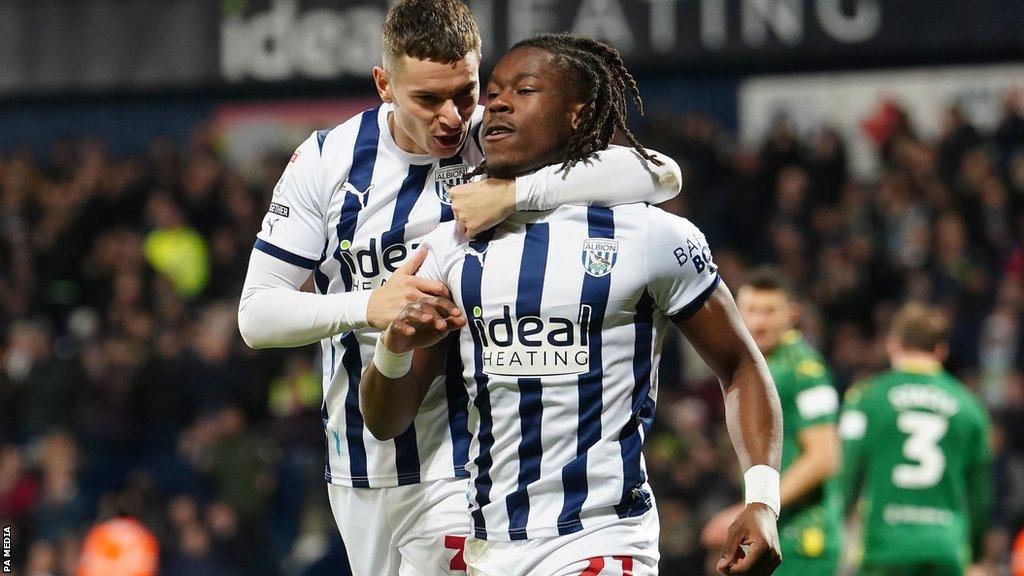 Brandon Thomas-Asante celebrates at The Hawthorns with Conor Townsend