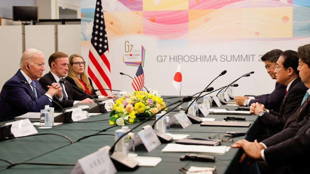 U.S. President Joe Biden attends a meeting with Japanese Prime Minister Fumio Kishida, ahead the G7 Summit in Hiroshima on Thursday afternoon