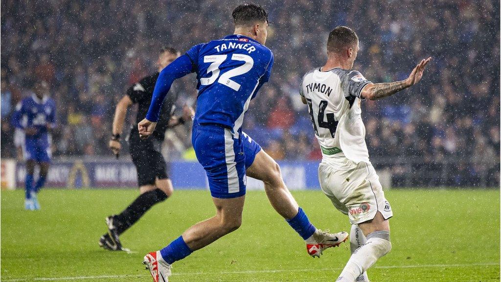 Ollie Tanner of Cardiff City scores against Swansea CIty