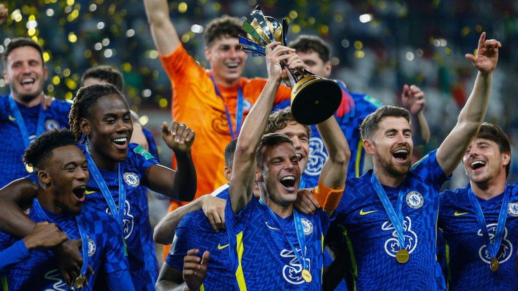 Chelsea captain Cesar Azpilicueta lifts the Club World Cup trophy in February 2022