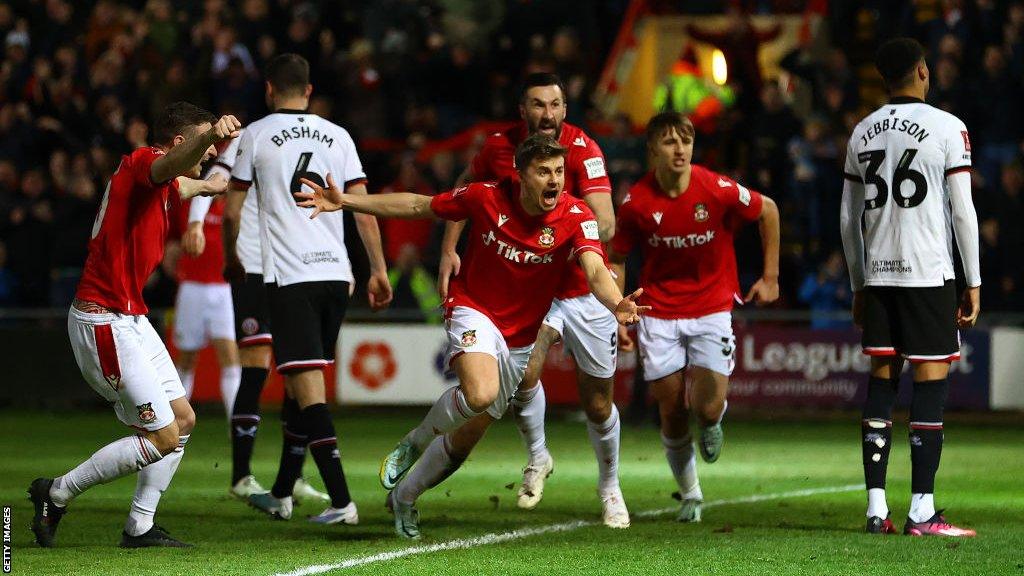 James Jones of Wrexham celebrates scoring for Wrexham against Sheffield United