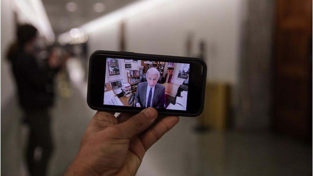 National Institute of Allergy and Infectious Diseases Director Dr. Anthony Fauci is seen on a mobile phone screen as he testifies remotely