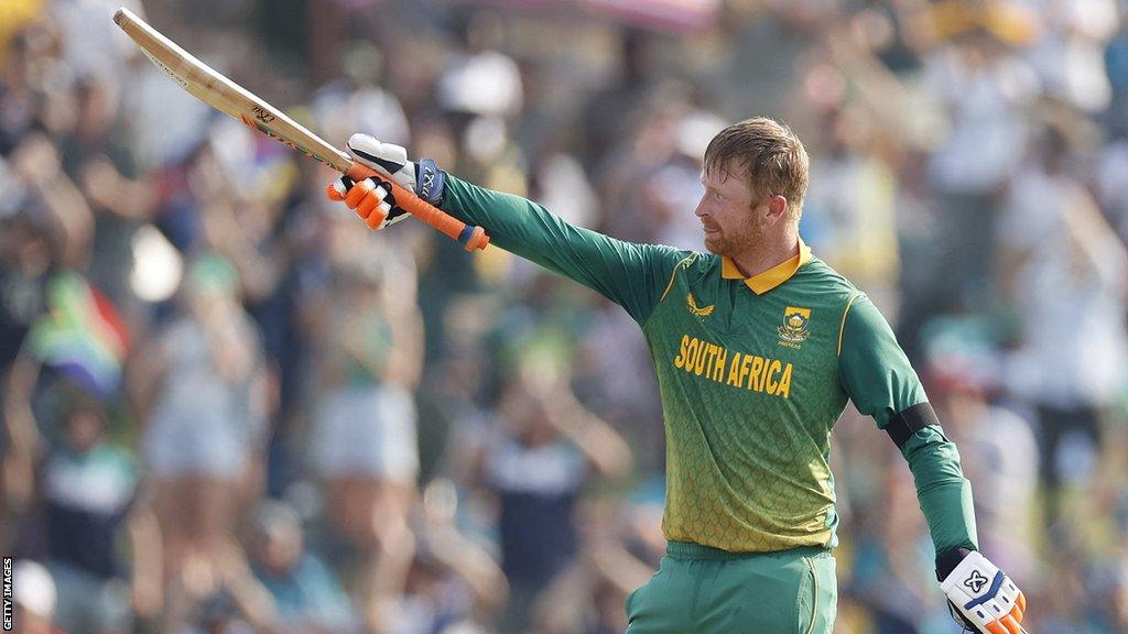 South Africa's Heinrich Klaasen celebrates his century against West Indies