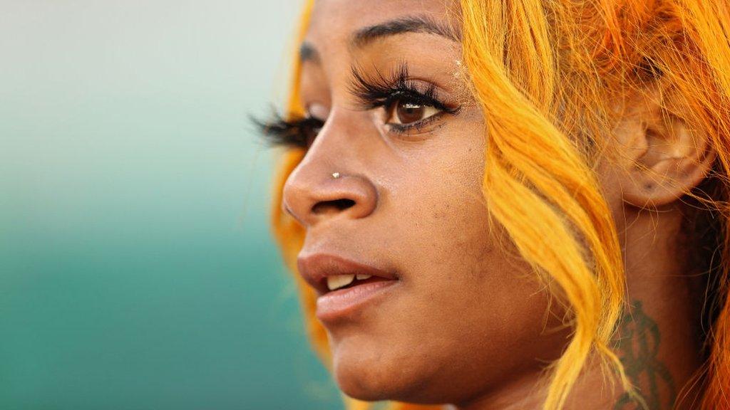 Sha'Carri Richardson looks on after winning the Women's 100m final at the 2020 US Olympic Track & Field Team Trials in Eugene, Oregon